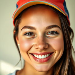 A close-up portrait of a young adult woman with clear skin, beautiful features, and a captivating smile