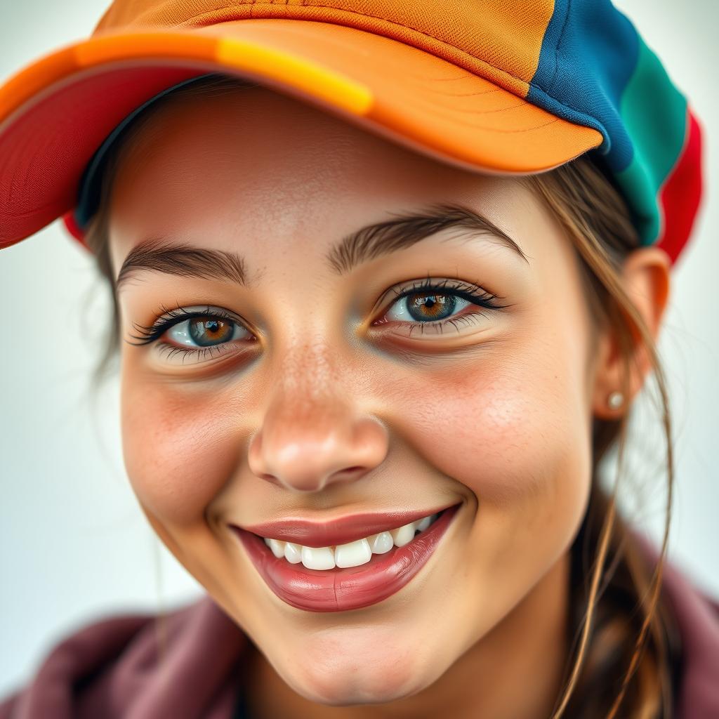 A close-up portrait of a young adult woman with clear skin, beautiful features, and a captivating smile