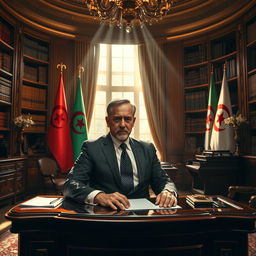 A powerful and charismatic politician in an opulent office, adorned with rich furnishings and flags of Algeria