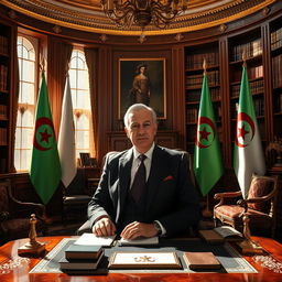 A powerful and charismatic politician in an opulent office, adorned with rich furnishings and flags of Algeria