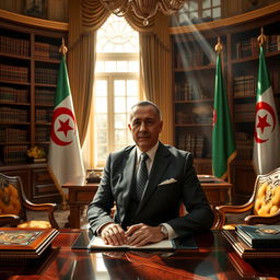 A powerful and charismatic politician in an opulent office, adorned with rich furnishings and flags of Algeria