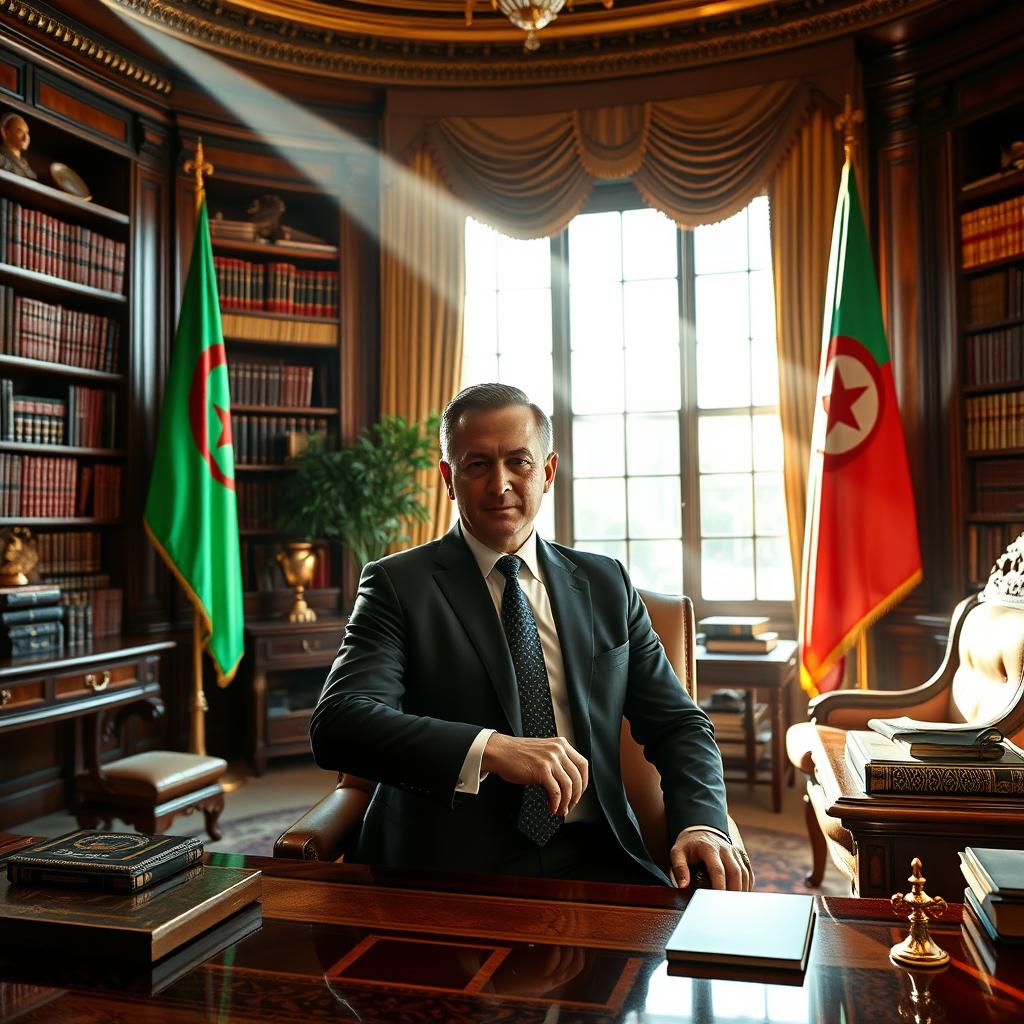 A powerful and charismatic politician in an opulent office, adorned with rich furnishings and flags of Algeria