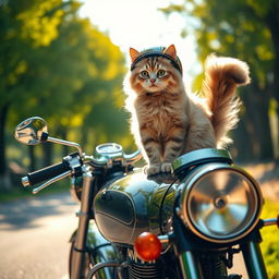 A charming scene featuring a fluffy cat confidently perched on a shiny, vintage motorcycle, with a shiny chrome finish reflecting the sunlight