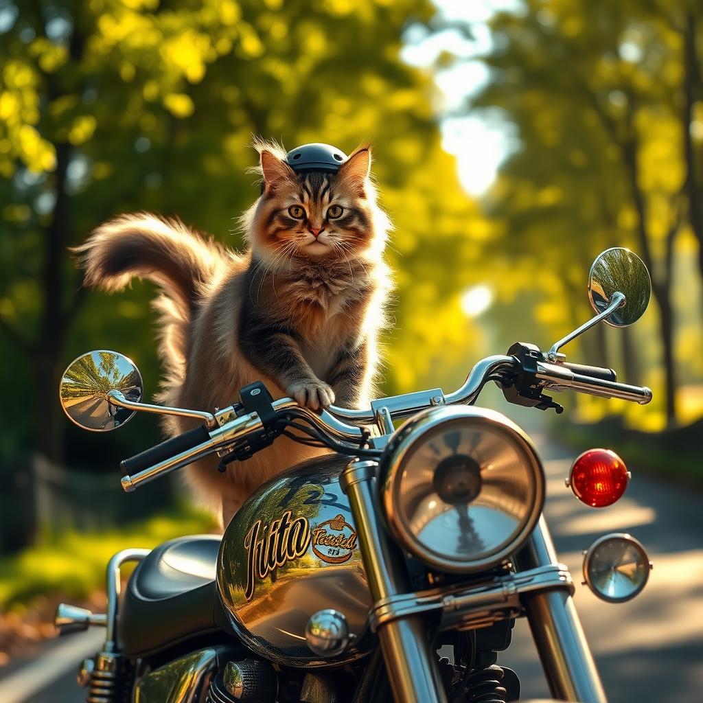 A charming scene featuring a fluffy cat confidently perched on a shiny, vintage motorcycle, with a shiny chrome finish reflecting the sunlight