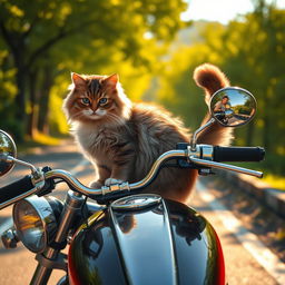 A charming scene featuring a fluffy cat confidently perched on a shiny, vintage motorcycle, with a shiny chrome finish reflecting the sunlight
