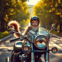 A charming scene featuring a fluffy cat confidently perched on a shiny, vintage motorcycle, with a shiny chrome finish reflecting the sunlight