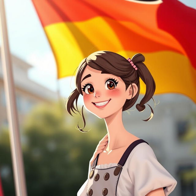 A colorful depiction of the German flag waving gracefully in the background, with a stylized, artistic representation of a young woman with playful features, dressed in charming attire that reflects a light-hearted, cartoonish vibe