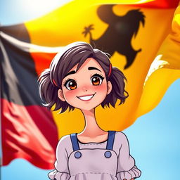 A colorful depiction of the German flag waving gracefully in the background, with a stylized, artistic representation of a young woman with playful features, dressed in charming attire that reflects a light-hearted, cartoonish vibe