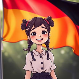 A colorful depiction of the German flag waving gracefully in the background, with a stylized, artistic representation of a young woman with playful features, dressed in charming attire that reflects a light-hearted, cartoonish vibe