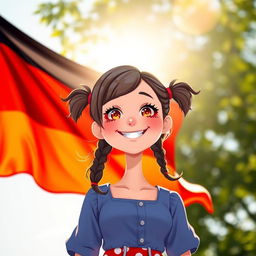 A colorful depiction of the German flag waving gracefully in the background, with a stylized, artistic representation of a young woman with playful features, dressed in charming attire that reflects a light-hearted, cartoonish vibe