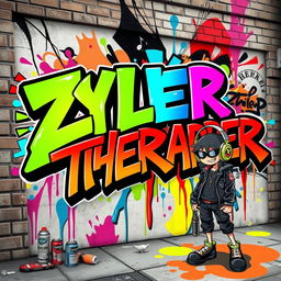 A vibrant and dynamic artistic interpretation of a graffiti-style mural named 'ZYLERTHERAPPER'