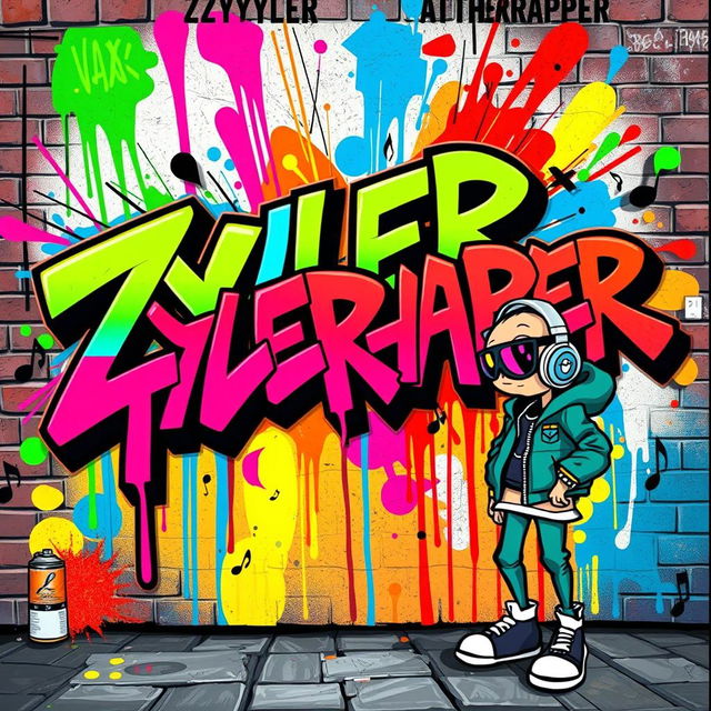 A vibrant and dynamic artistic interpretation of a graffiti-style mural named 'ZYLERTHERAPPER'