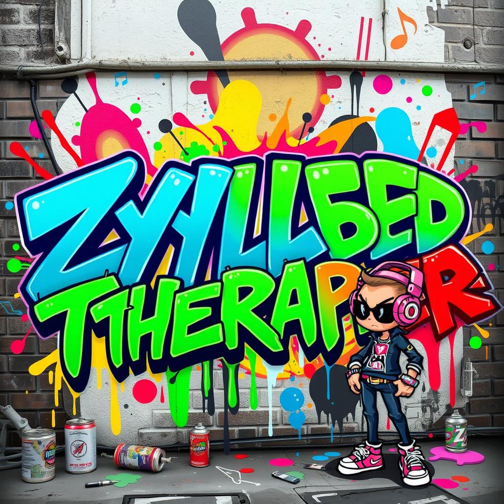 A vibrant and dynamic artistic interpretation of a graffiti-style mural named 'ZYLERTHERAPPER'
