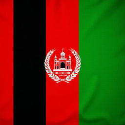 A highly detailed representation of the national flag of Afghanistan, showcasing its iconic black, red, and green vertical stripes