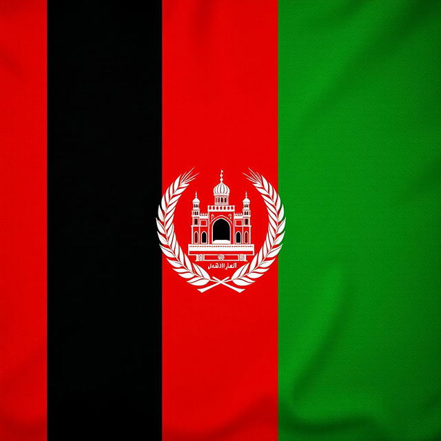 A highly detailed representation of the national flag of Afghanistan, showcasing its iconic black, red, and green vertical stripes