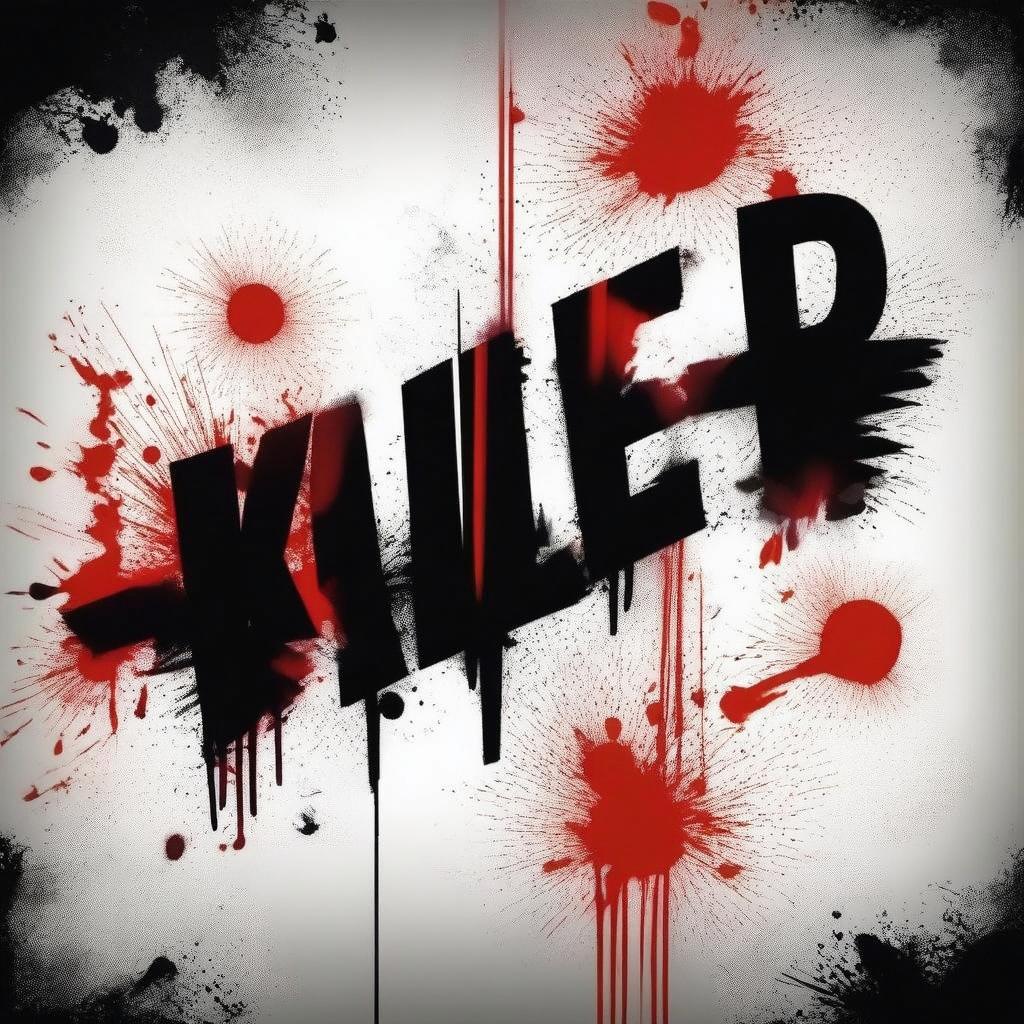 A wanted poster featuring the word 'KILLER' in bold, dripping black paint, surrounded by splatters of bright red blood