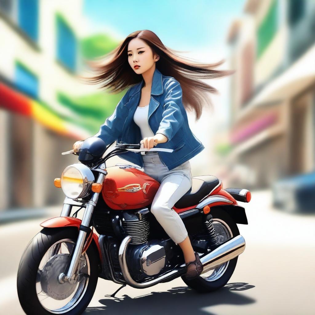 An image of the highest quality showcasing a young Asian girl, her hair flowing in the wind, as she rides a sleek motorbike