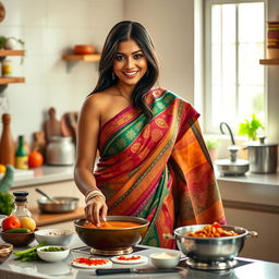 A stunning Indian woman with big breasts wearing a colorful saree, gracefully preparing a delicious curry in a vibrant kitchen