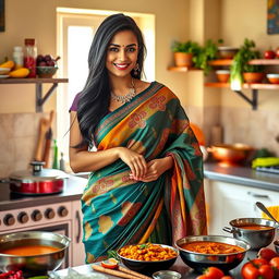 A stunning Indian woman with big breasts wearing a colorful saree, gracefully preparing a delicious curry in a vibrant kitchen