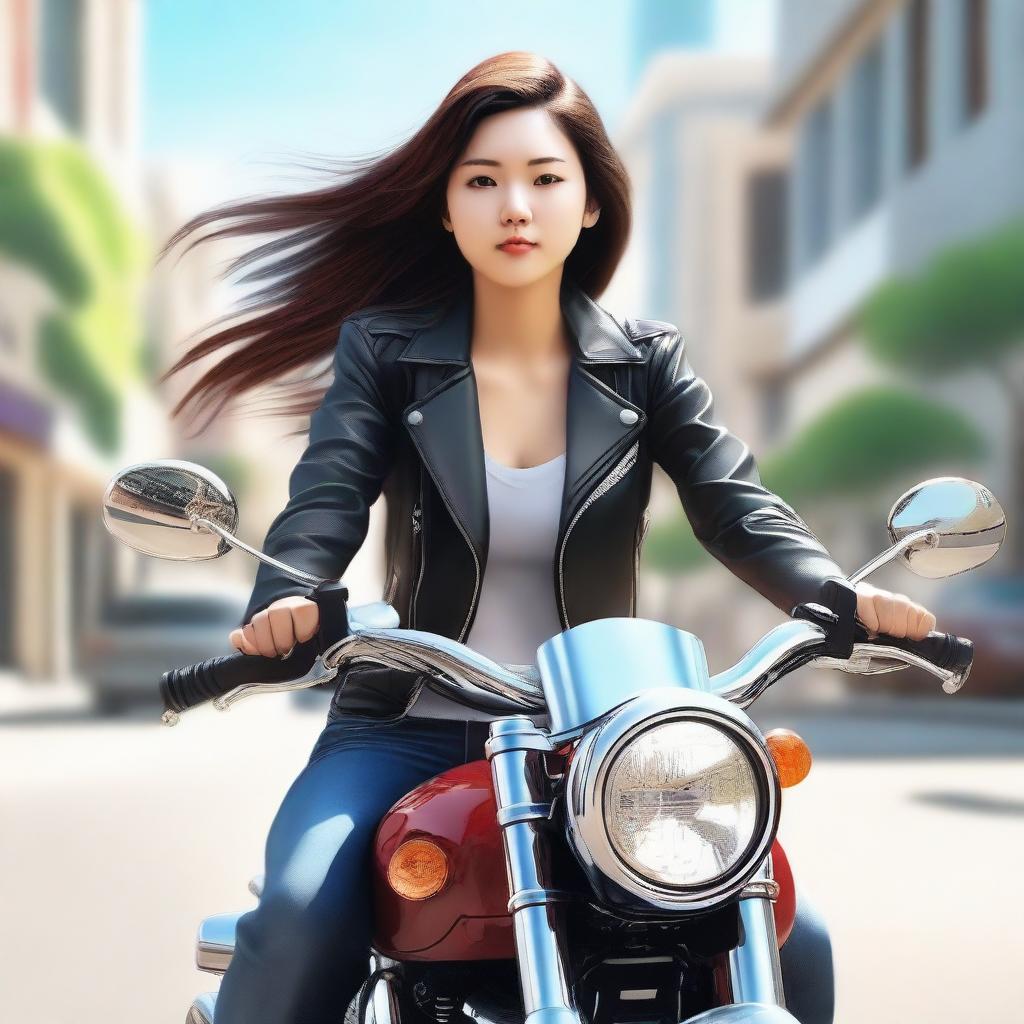 An image of the highest quality showcasing a young Asian girl, her hair flowing in the wind, as she rides a sleek motorbike