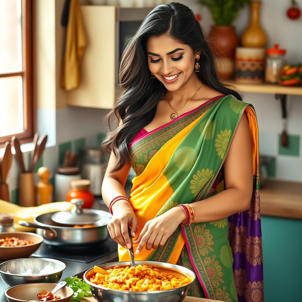 A stunning Indian woman with big breasts wearing a colorful saree, gracefully preparing a delicious curry in a vibrant kitchen