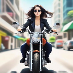 An image of the highest quality showcasing a young Asian girl, her hair flowing in the wind, as she rides a sleek motorbike