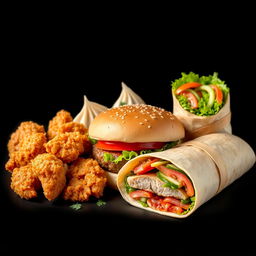 A beautifully arranged composition showcasing crispy chicken, juicy momos, a delicious hamburger, and a savory wrap, all set against a striking black background