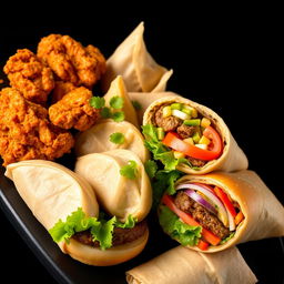 A beautifully arranged composition showcasing crispy chicken, juicy momos, a delicious hamburger, and a savory wrap, all set against a striking black background