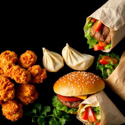 A beautifully arranged composition showcasing crispy chicken, juicy momos, a delicious hamburger, and a savory wrap, all set against a striking black background