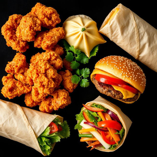 A beautifully arranged composition showcasing crispy chicken, juicy momos, a delicious hamburger, and a savory wrap, all set against a striking black background