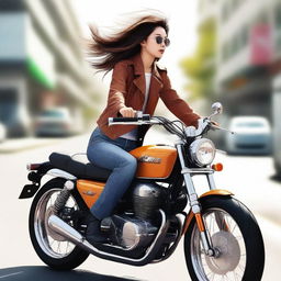 An image of the highest quality showcasing a young Asian girl, her hair flowing in the wind, as she rides a sleek motorbike