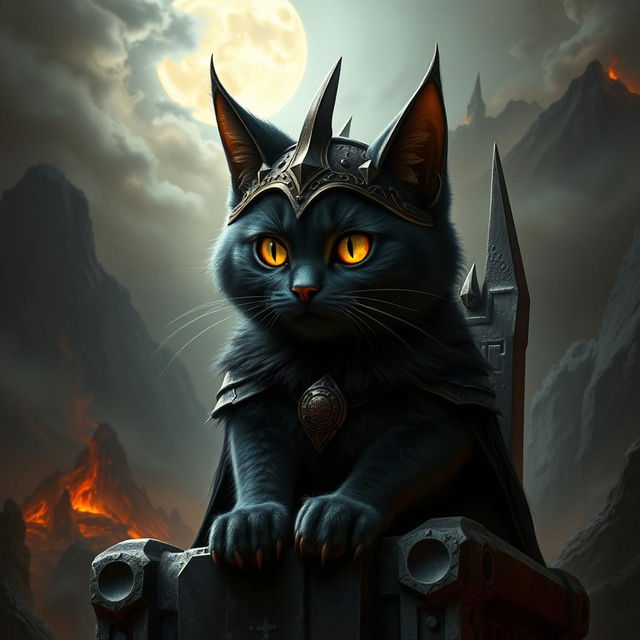 A fantastical depiction of a cat envisioned as Sauron, from the Lord of the Rings universe