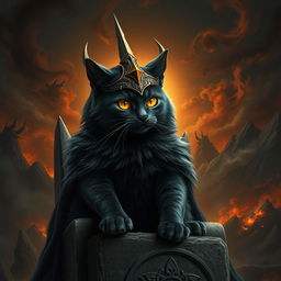 A fantastical depiction of a cat envisioned as Sauron, from the Lord of the Rings universe