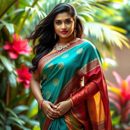 A stunning Indian woman with voluptuous curves, confidently posed in a vibrant and elegantly draped saree that accentuates her figure