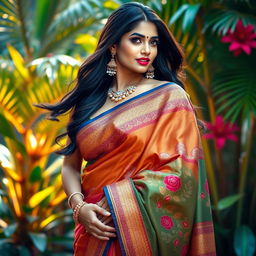 A stunning Indian woman with voluptuous curves, confidently posed in a vibrant and elegantly draped saree that accentuates her figure