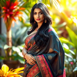 A stunning Indian woman with voluptuous curves, confidently posed in a vibrant and elegantly draped saree that accentuates her figure