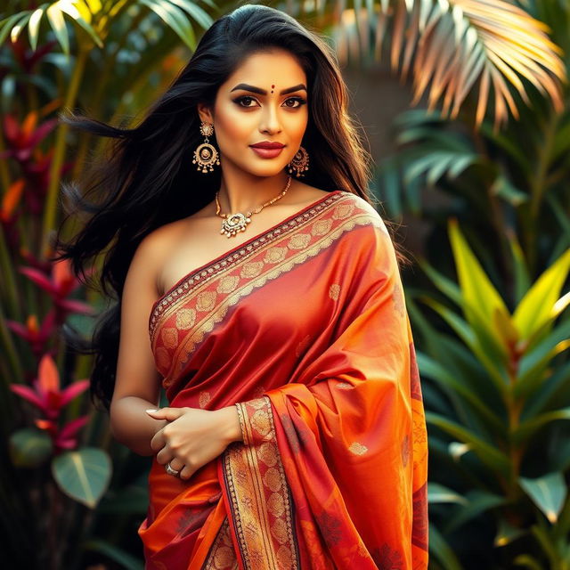 A stunning Indian woman with voluptuous curves, confidently posed in a vibrant and elegantly draped saree that accentuates her figure