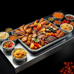 A hyper-realistic image featuring a long stainless steel table set against a deep black background