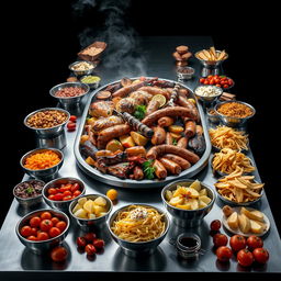 A hyper-realistic image featuring a long stainless steel table set against a deep black background