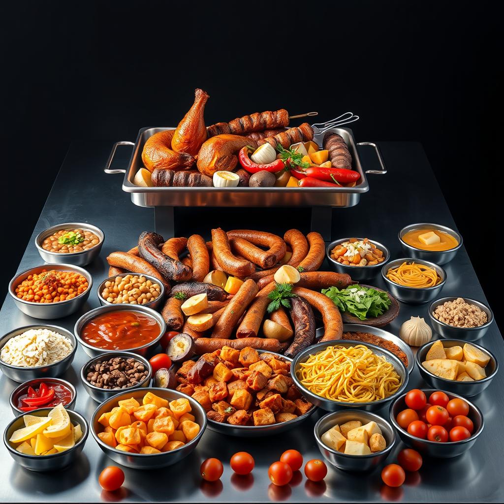 A hyper-realistic image featuring a long stainless steel table set against a deep black background