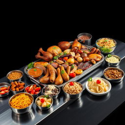 A hyper-realistic image featuring a long stainless steel table set against a deep black background