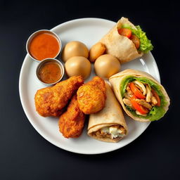 A beautifully arranged plate featuring crispy golden-brown chicken, steaming momos with a dipping sauce, a juicy chicken burger with fresh lettuce and tomato, and a delicious wrap filled with flavorful ingredients, all set against a sleek black background to enhance the vibrant colors and textures of the food