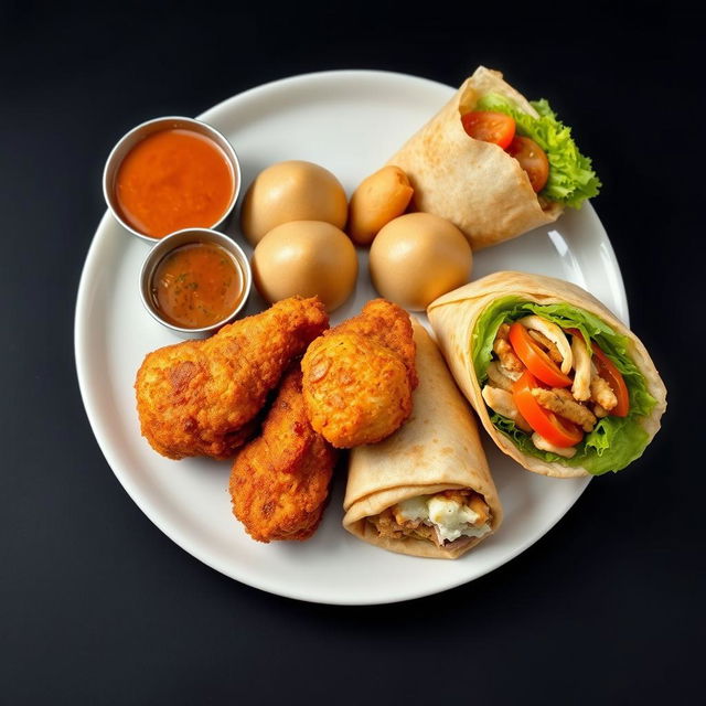 A beautifully arranged plate featuring crispy golden-brown chicken, steaming momos with a dipping sauce, a juicy chicken burger with fresh lettuce and tomato, and a delicious wrap filled with flavorful ingredients, all set against a sleek black background to enhance the vibrant colors and textures of the food