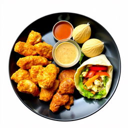A beautifully arranged plate featuring crispy golden-brown chicken, steaming momos with a dipping sauce, a juicy chicken burger with fresh lettuce and tomato, and a delicious wrap filled with flavorful ingredients, all set against a sleek black background to enhance the vibrant colors and textures of the food