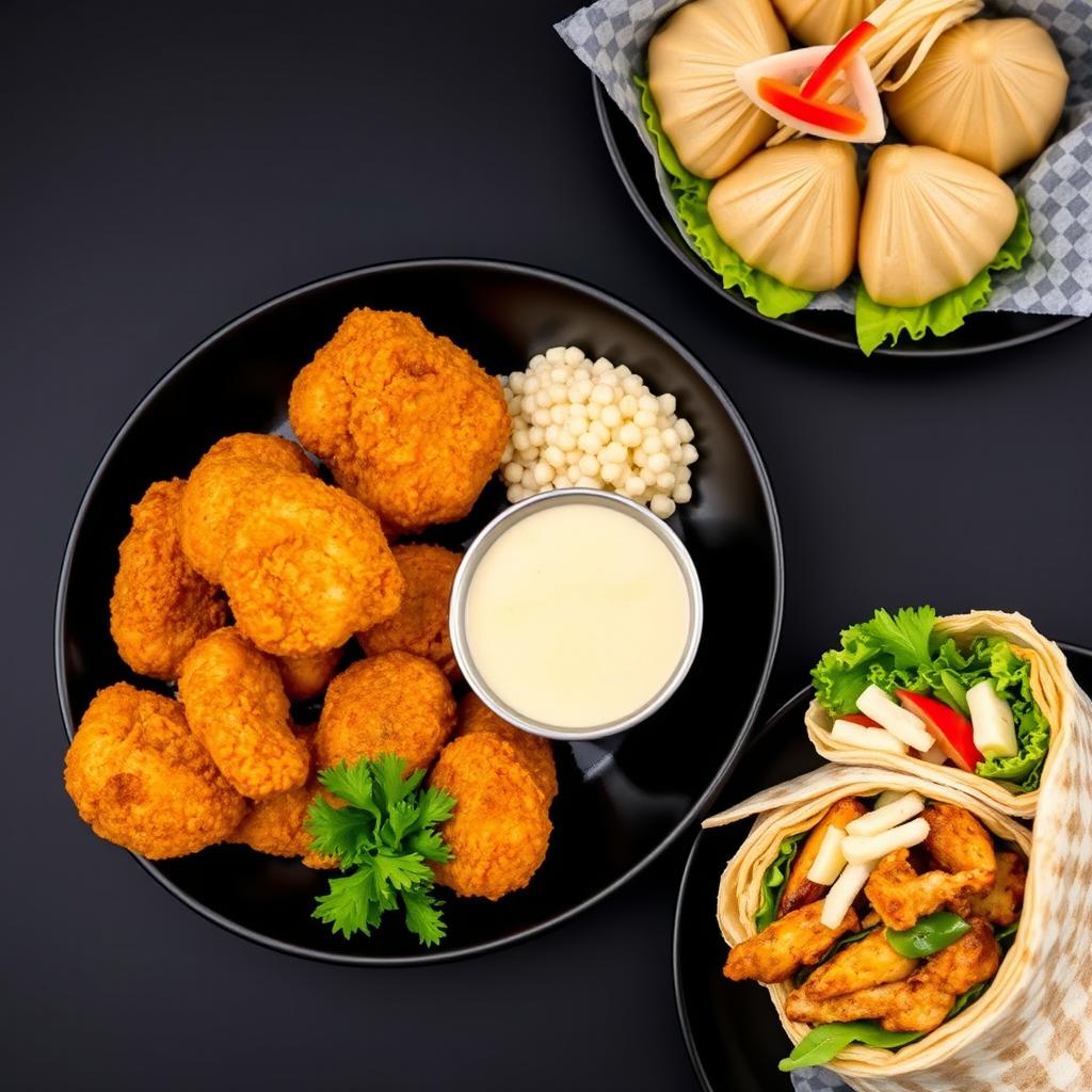 A beautifully arranged plate featuring crispy golden-brown chicken, steaming momos with a dipping sauce, a juicy chicken burger with fresh lettuce and tomato, and a delicious wrap filled with flavorful ingredients, all set against a sleek black background to enhance the vibrant colors and textures of the food