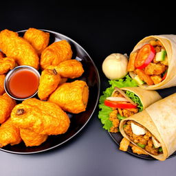 A beautifully arranged plate featuring crispy golden-brown chicken, steaming momos with a dipping sauce, a juicy chicken burger with fresh lettuce and tomato, and a delicious wrap filled with flavorful ingredients, all set against a sleek black background to enhance the vibrant colors and textures of the food