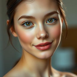 A beautifully rendered portrait of a young adult with a flawless complexion, showcasing smooth, delicate features and an elegantly defined jawline