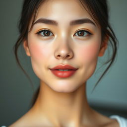 A beautifully rendered portrait of a young adult with a flawless complexion, showcasing smooth, delicate features and an elegantly defined jawline