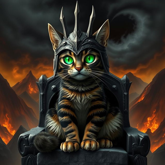 A fantastical depiction of a tabby cat envisioned as Sauron, from the Lord of the Rings universe