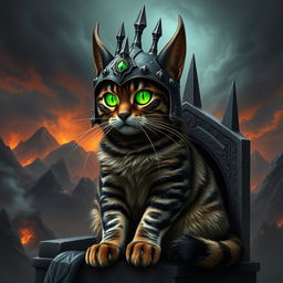 A fantastical depiction of a tabby cat envisioned as Sauron, from the Lord of the Rings universe